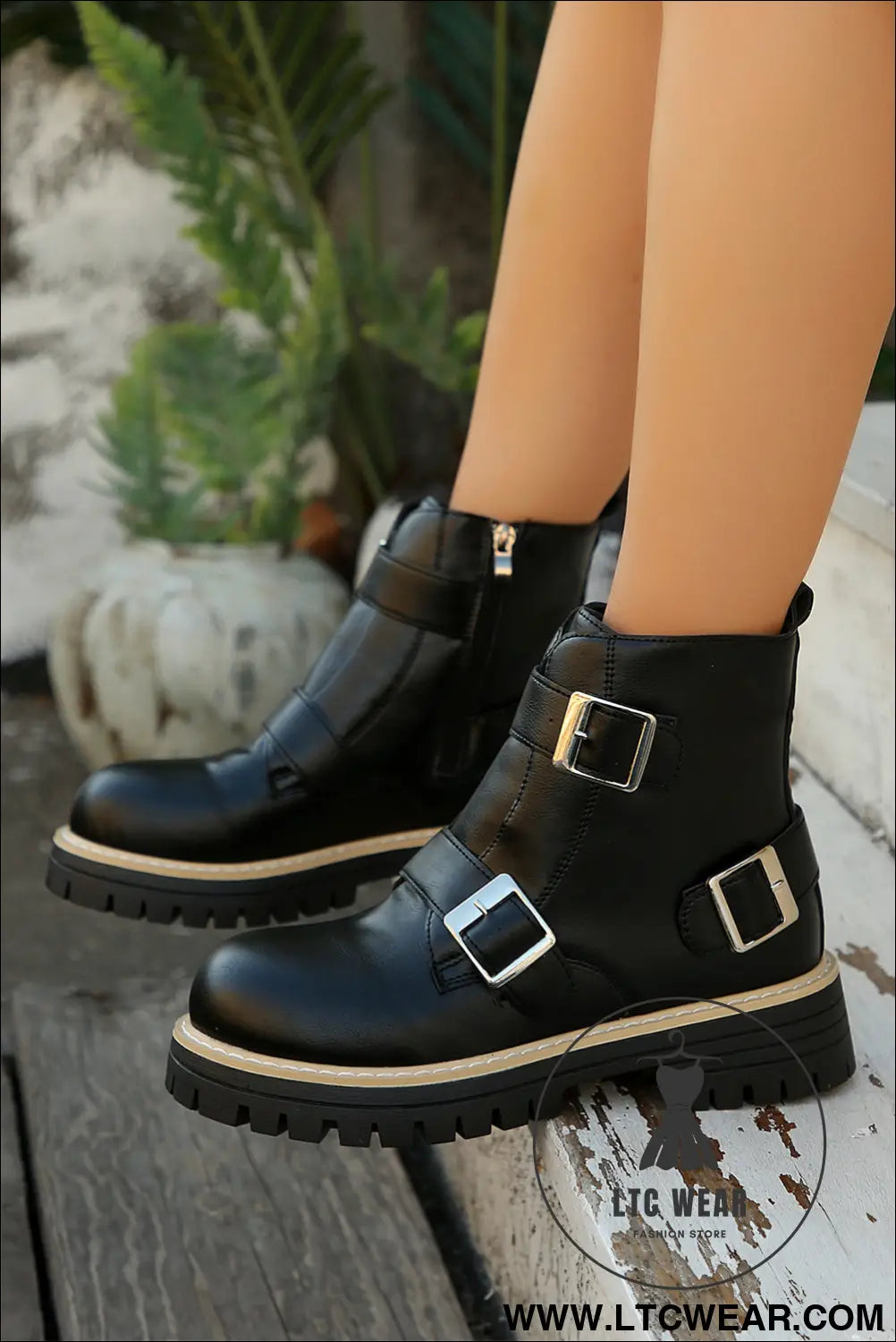 Black zipper buckle straps combat ankle boots - color black / 37 / pu leather - boots