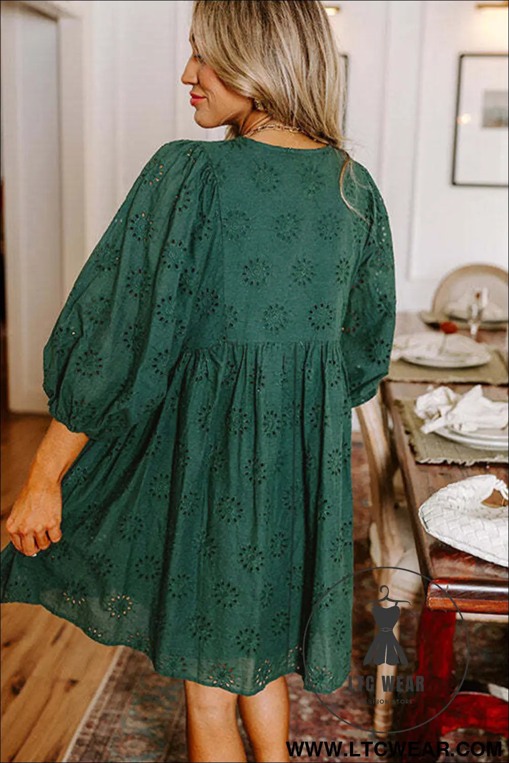 Blackish green embroidered eyelet pattern puff sleeve mini dress - mini dresses