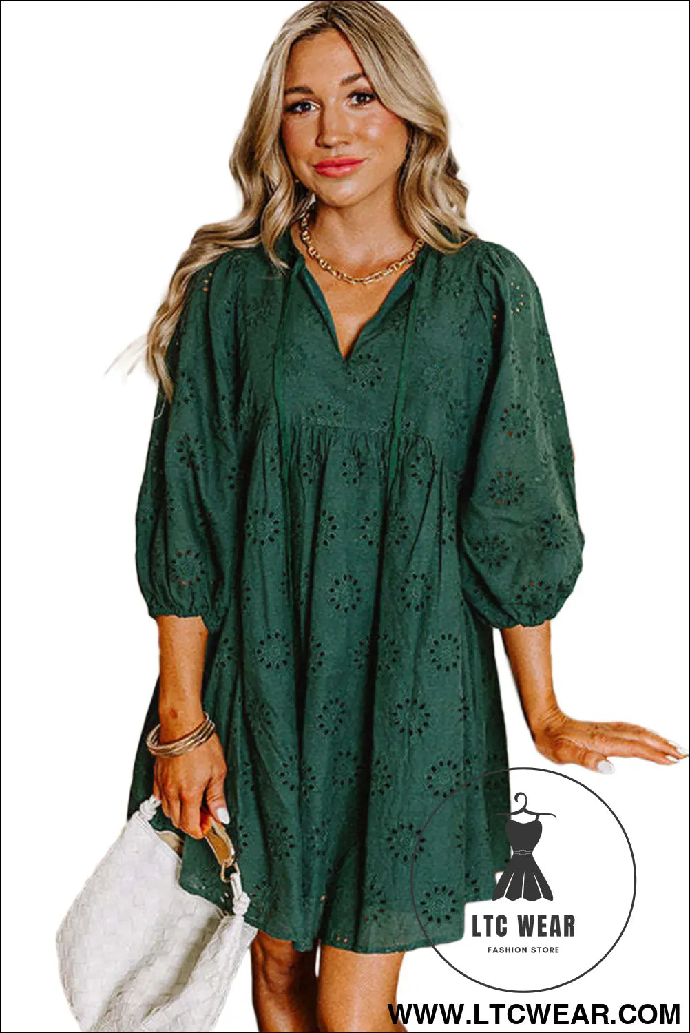 Blackish green embroidered eyelet pattern puff sleeve mini dress - mini dresses