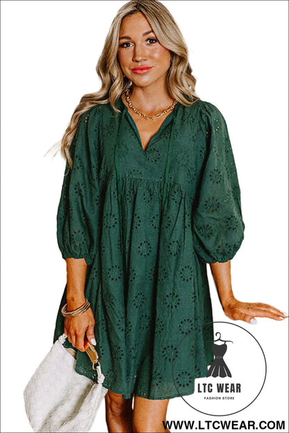 Blackish green embroidered eyelet pattern puff sleeve mini dress - mini dresses