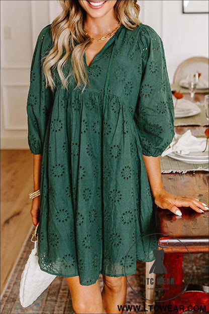Blackish green embroidered eyelet pattern puff sleeve mini dress - mini dresses