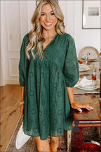 Blackish green embroidered eyelet pattern puff sleeve mini dress - mini dresses