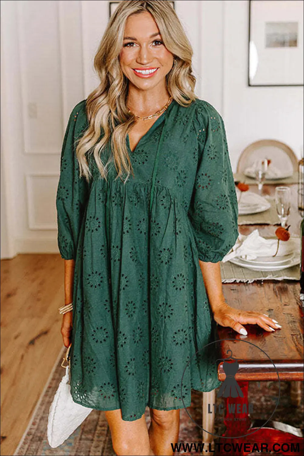 Blackish green embroidered eyelet pattern puff sleeve mini dress - mini dresses