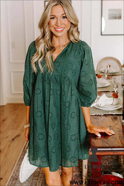 Blackish green embroidered eyelet pattern puff sleeve mini dress - mini dresses