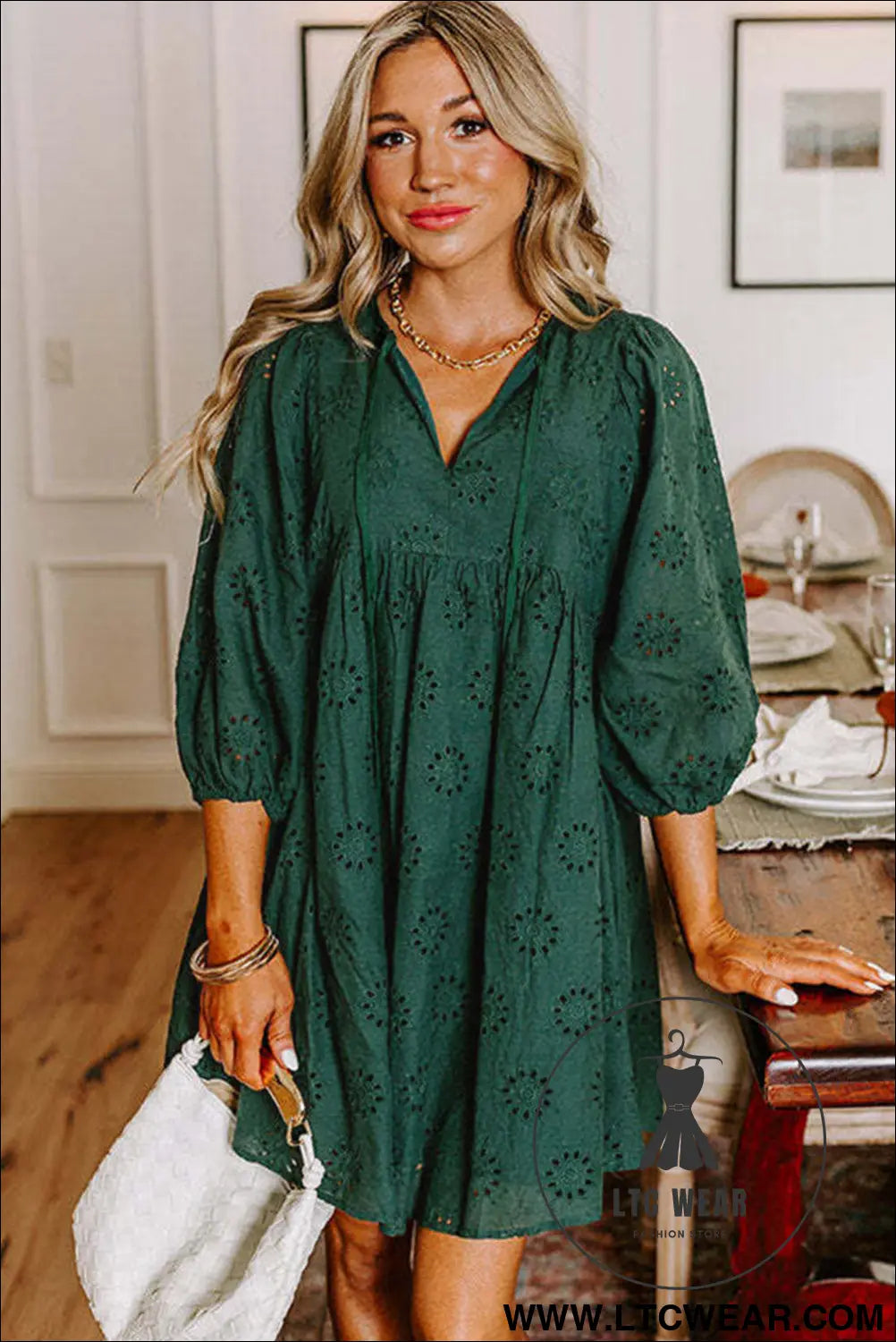 Blackish green embroidered eyelet pattern puff sleeve mini dress - mini dresses