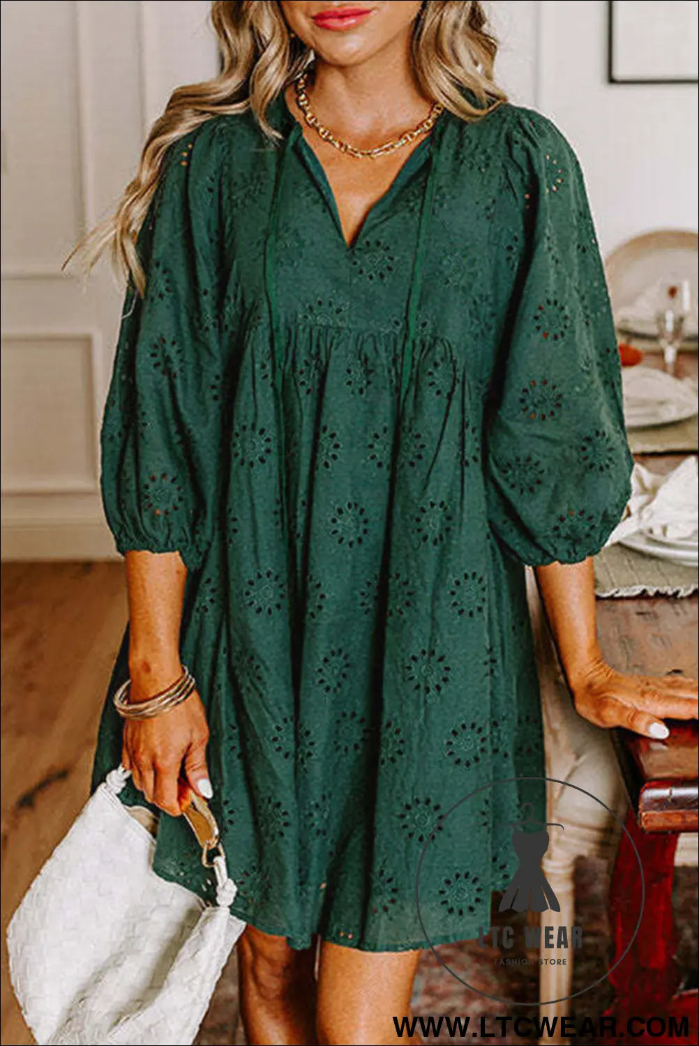 Blackish green embroidered eyelet pattern puff sleeve mini dress - blackish green / l / 100% cotton - mini dresses