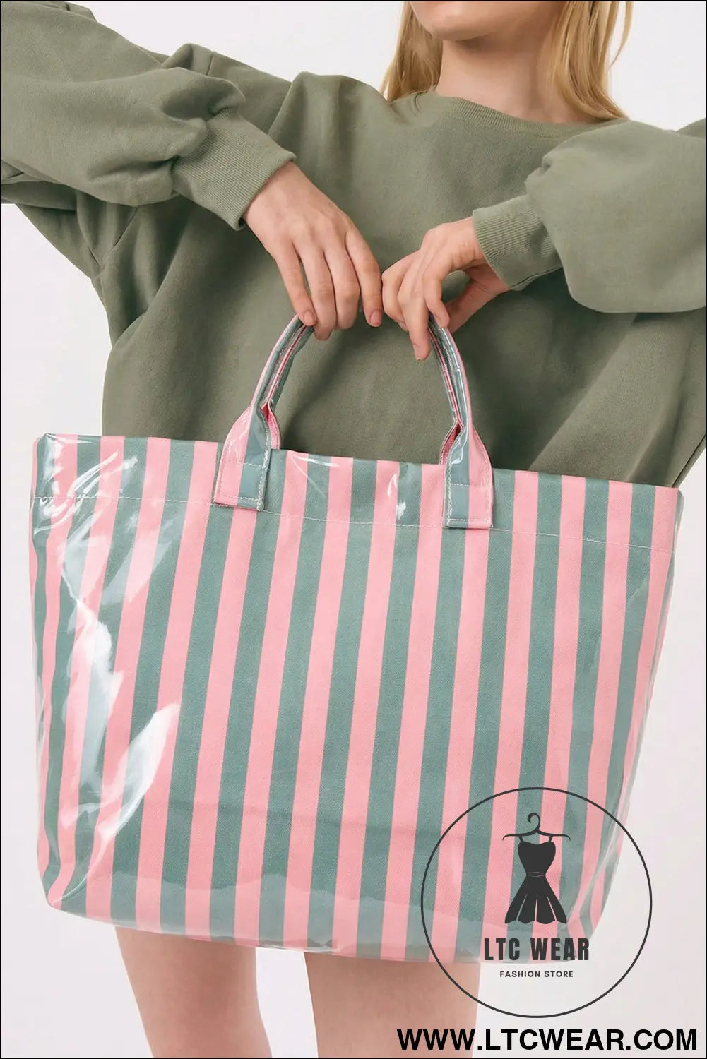 Blackish green glossy striped vinyl large tote bag - blackish green / one size / 95% pu + 5% alloy - handbags
