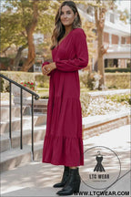 Blackish Green Solid Long Sleeve Button V Neck Tiered Maxi Dress