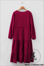 Blackish Green Solid Long Sleeve Button V Neck Tiered Maxi Dress