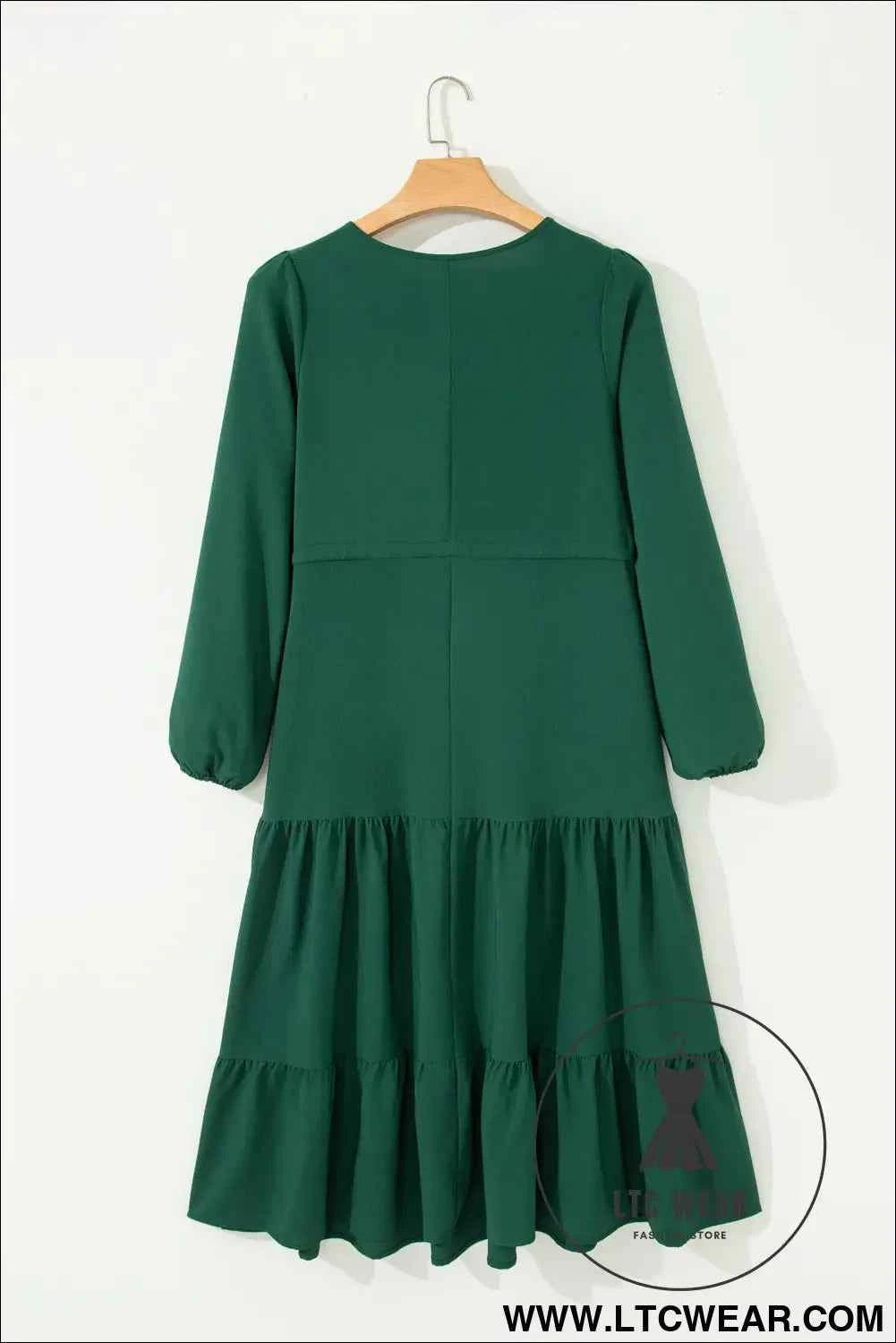 Blackish Green Solid Long Sleeve Button V Neck Tiered Maxi Dress