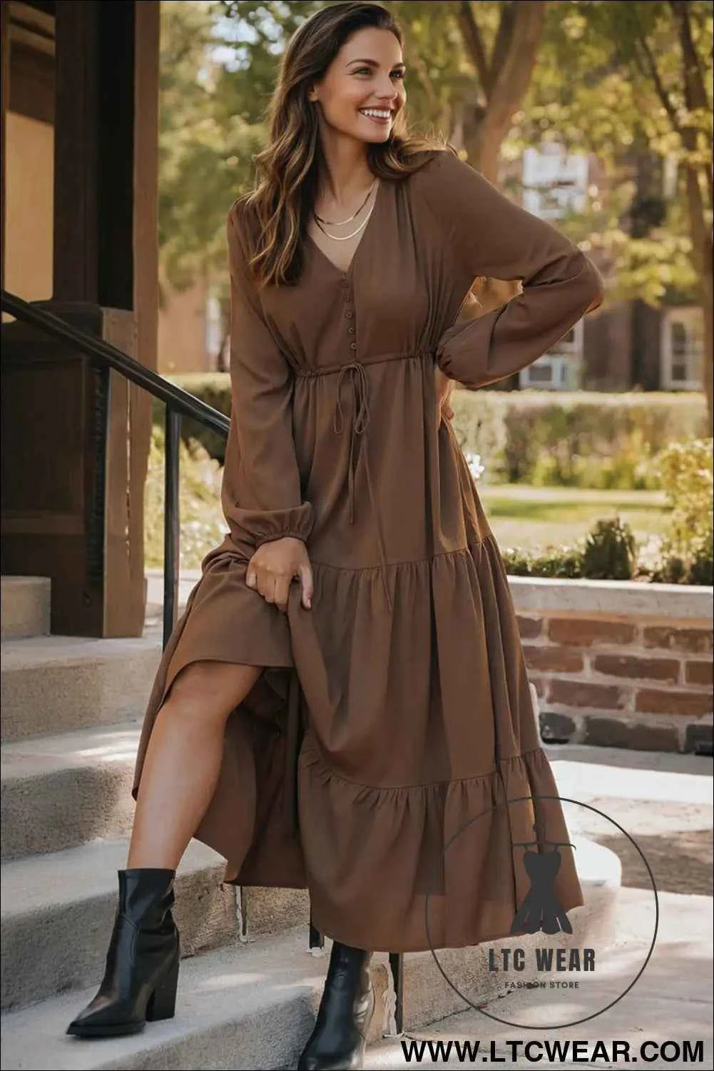 Blackish Green Solid Long Sleeve Button V Neck Tiered Maxi Dress