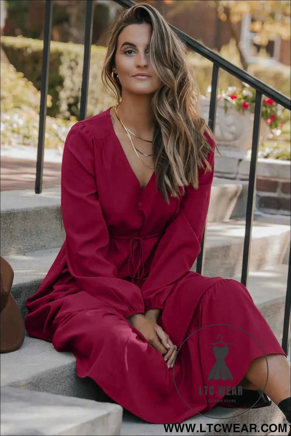 Blackish Green Solid Long Sleeve Button V Neck Tiered Maxi Dress