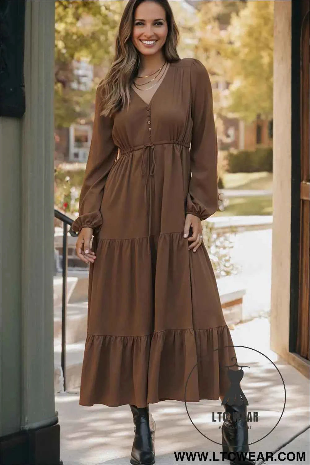Blackish Green Solid Long Sleeve Button V Neck Tiered Maxi Dress