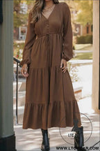 Blackish Green Solid Long Sleeve Button V Neck Tiered Maxi Dress