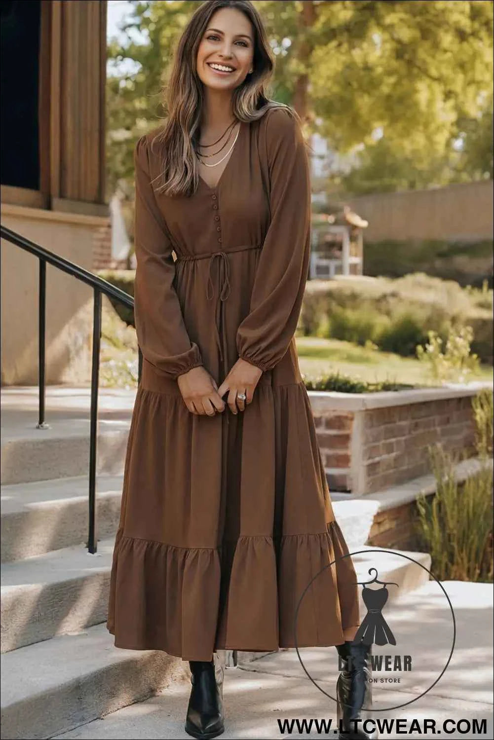 Blackish Green Solid Long Sleeve Button V Neck Tiered Maxi Dress