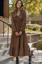 Blackish Green Solid Long Sleeve Button V Neck Tiered Maxi Dress