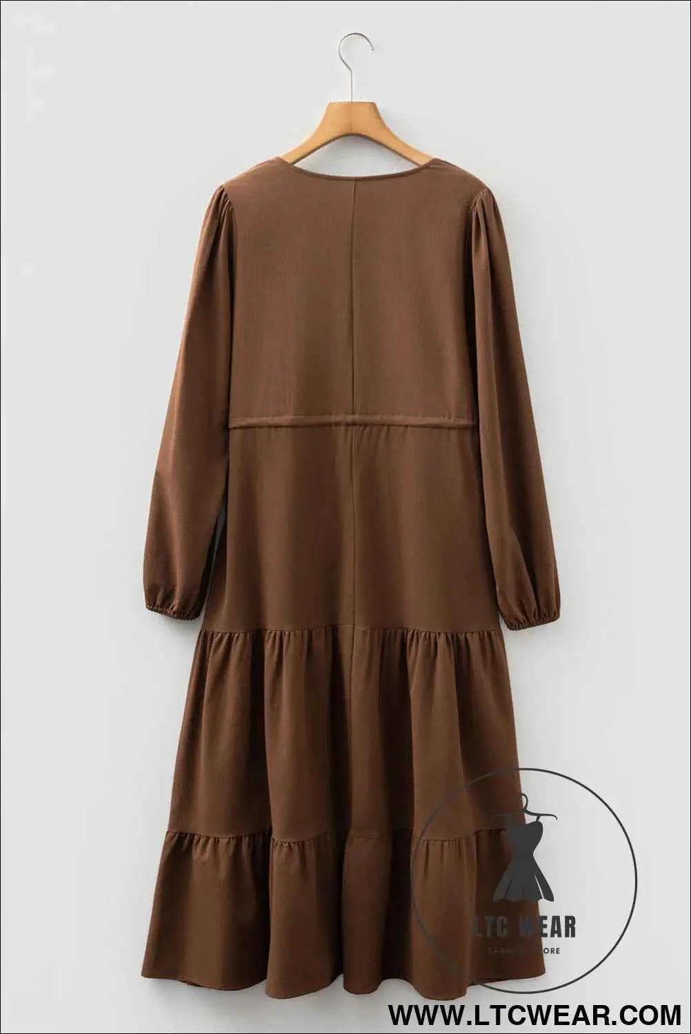 Blackish Green Solid Long Sleeve Button V Neck Tiered Maxi Dress