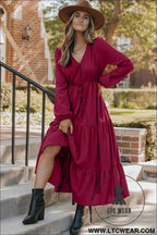 Blackish Green Solid Long Sleeve Button V Neck Tiered Maxi Dress