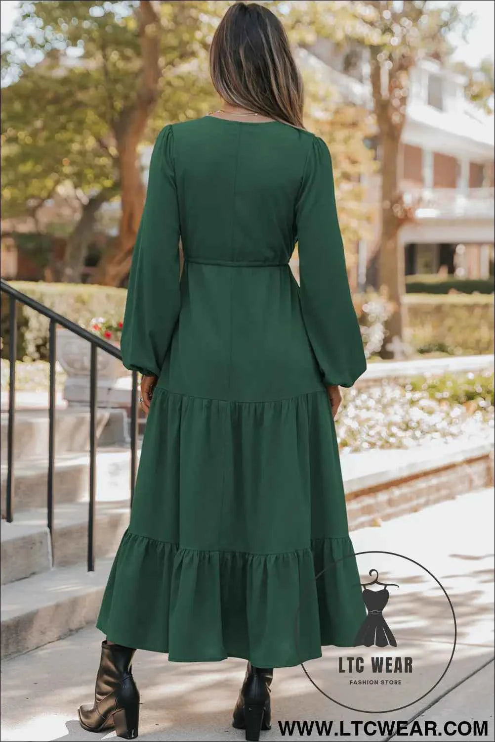 Blackish Green Solid Long Sleeve Button V Neck Tiered Maxi Dress