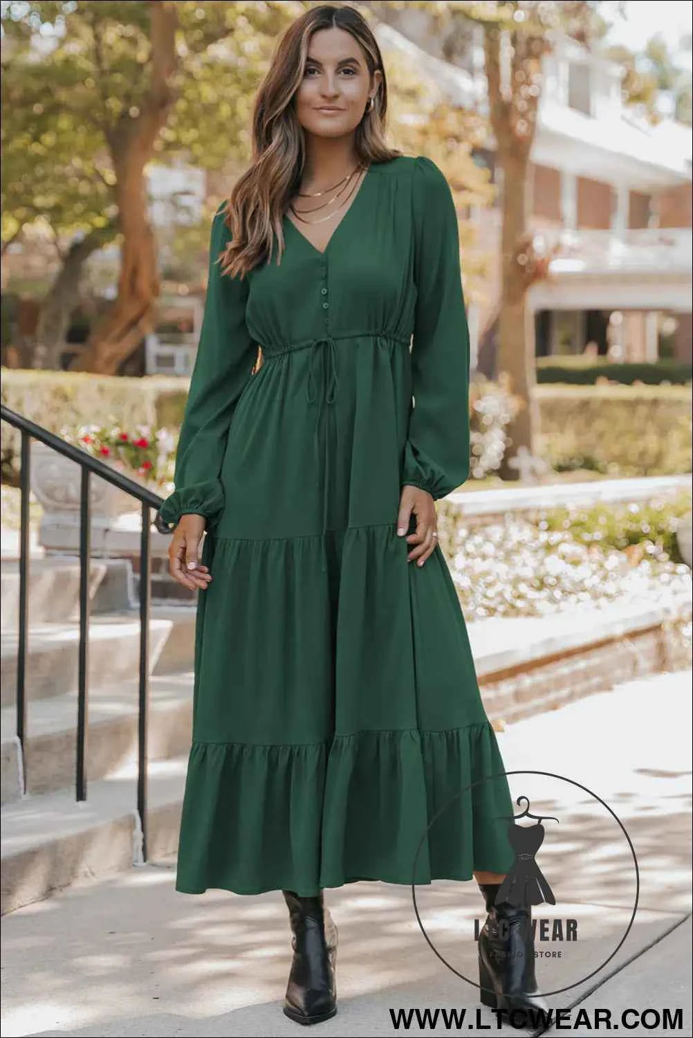 Blackish Green Solid Long Sleeve Button V Neck Tiered Maxi Dress