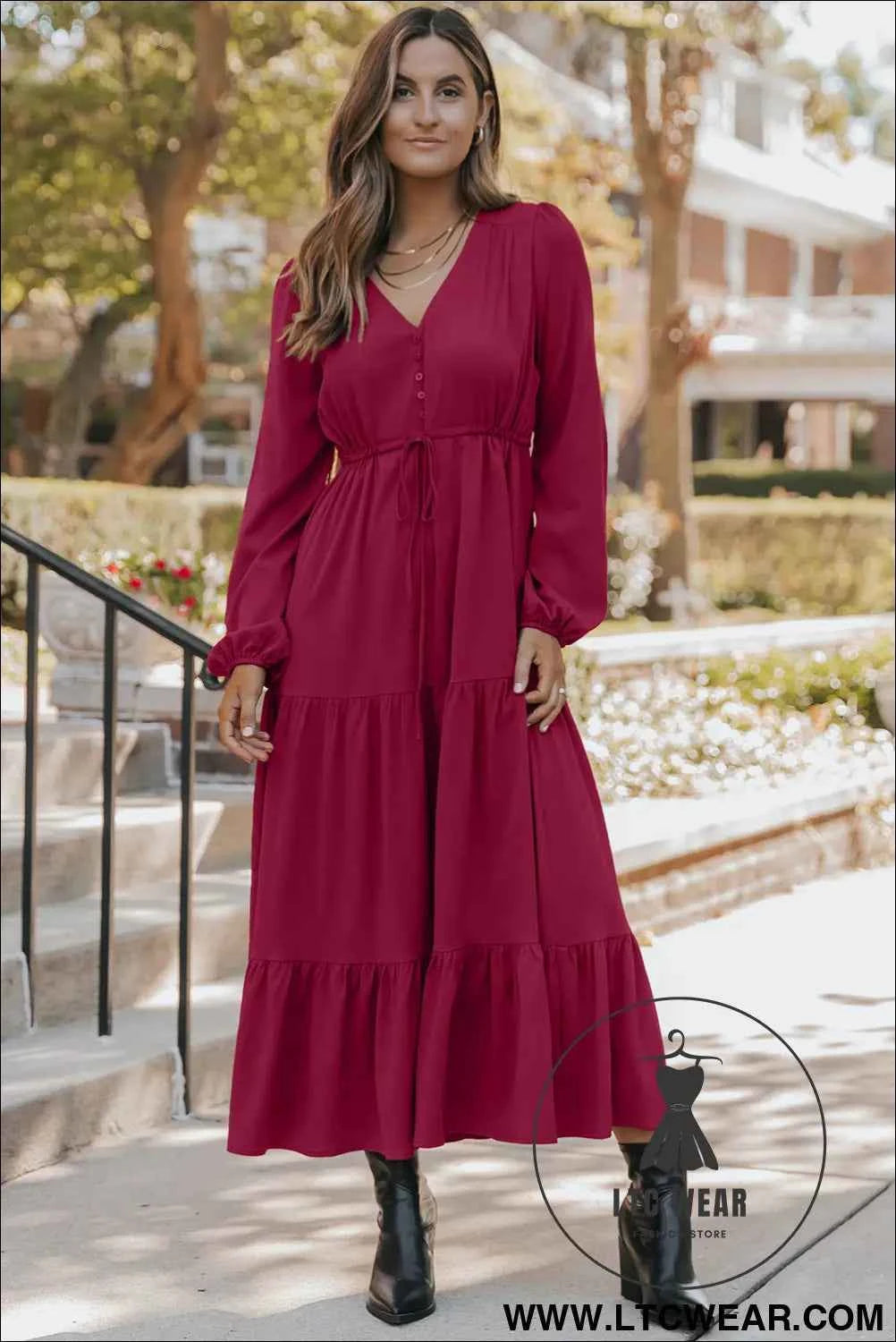 Blackish Green Solid Long Sleeve Button V Neck Tiered Maxi Dress