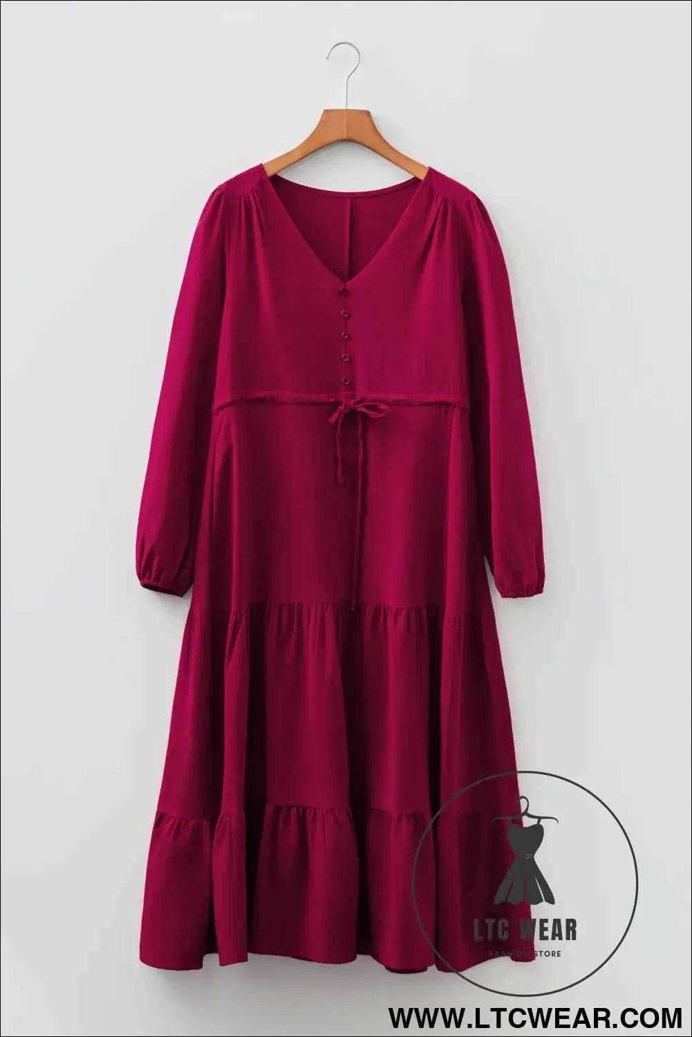 Blackish Green Solid Long Sleeve Button V Neck Tiered Maxi Dress