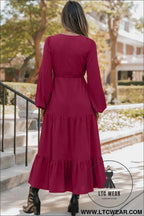 Blackish Green Solid Long Sleeve Button V Neck Tiered Maxi Dress