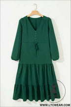 Blackish Green Solid Long Sleeve Button V Neck Tiered Maxi Dress