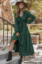 Blackish Green Solid Long Sleeve Button V Neck Tiered Maxi Dress