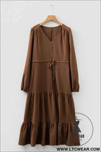 Blackish Green Solid Long Sleeve Button V Neck Tiered Maxi Dress