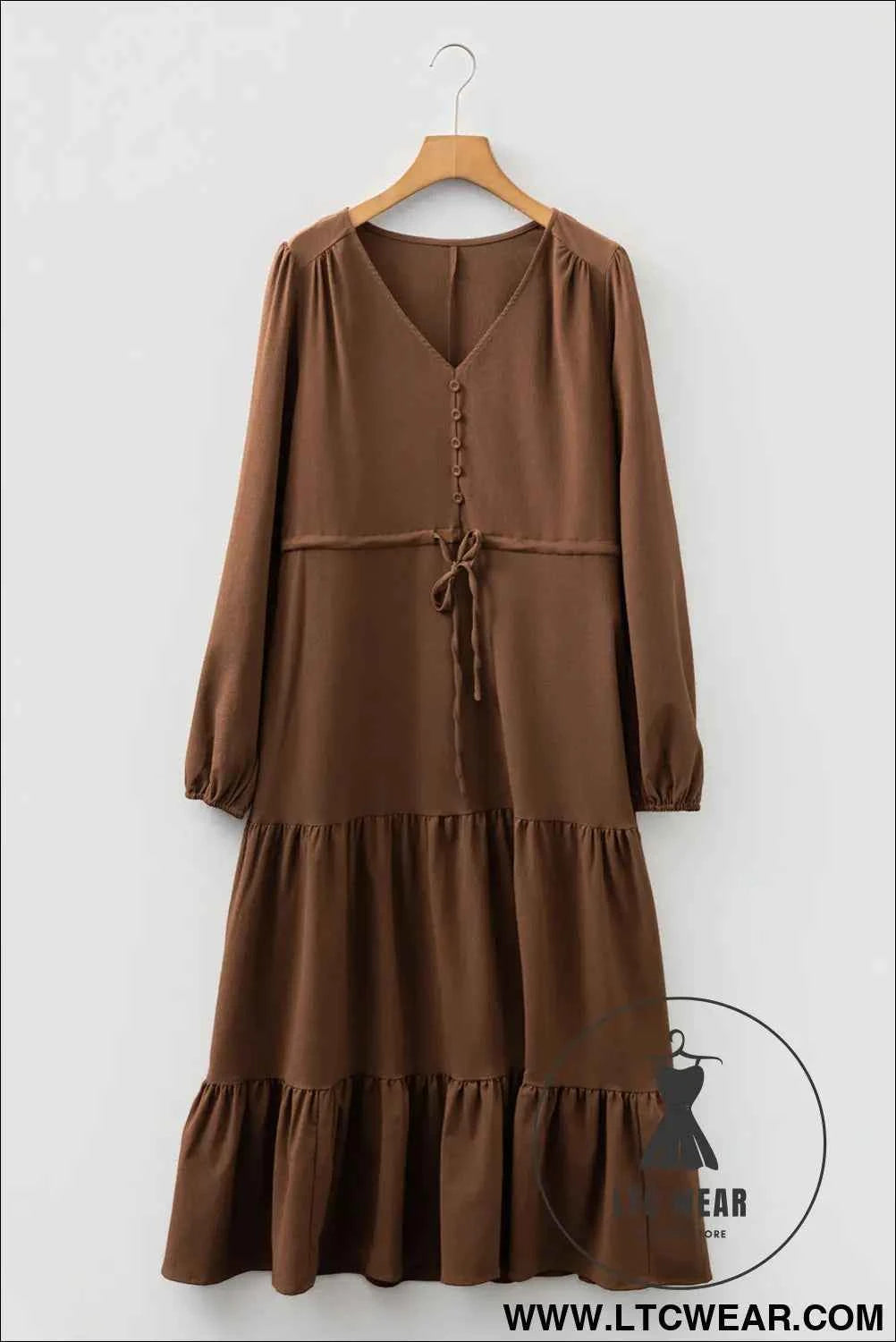 Blackish Green Solid Long Sleeve Button V Neck Tiered Maxi Dress