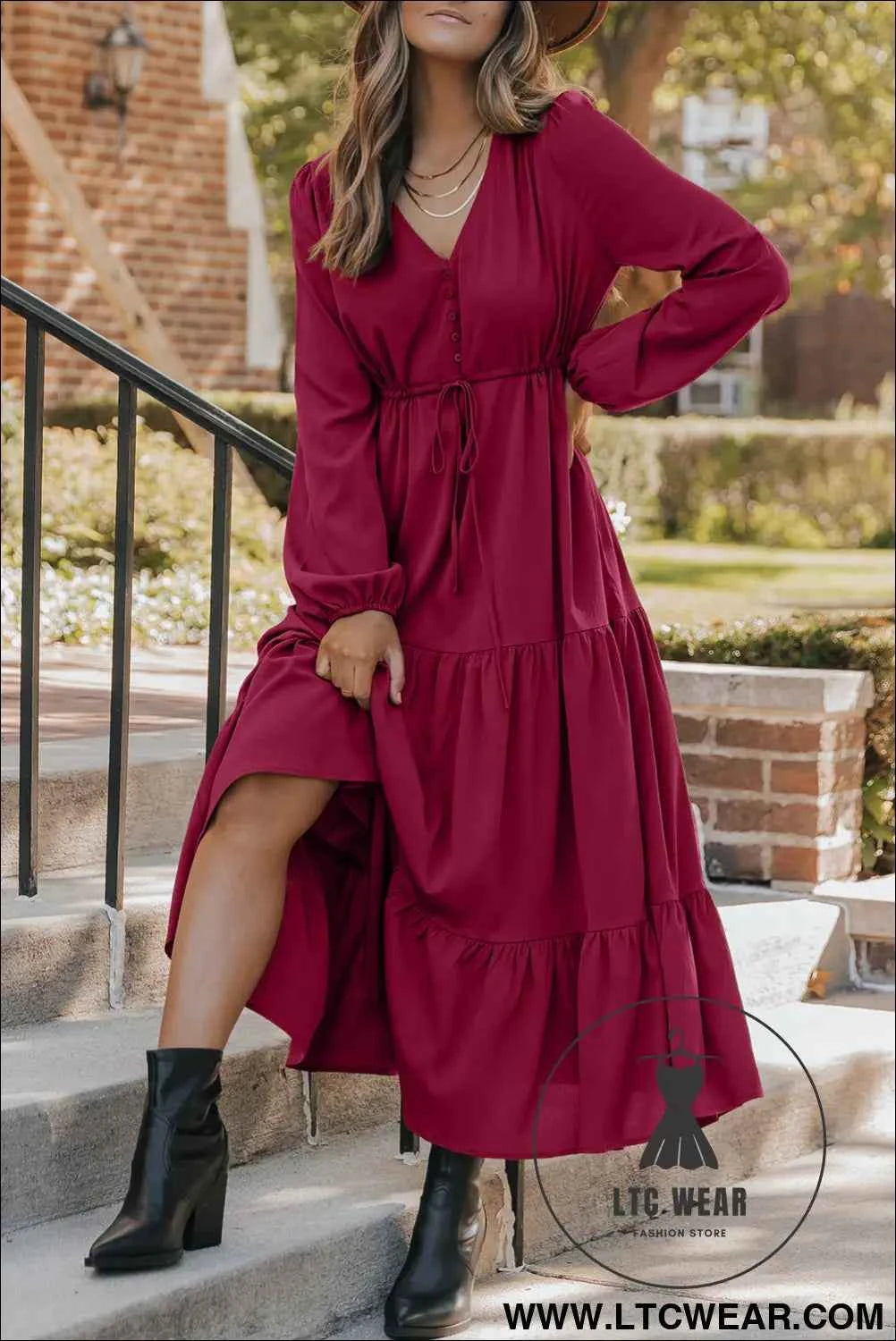 Blackish Green Solid Long Sleeve Button V Neck Tiered Maxi Dress