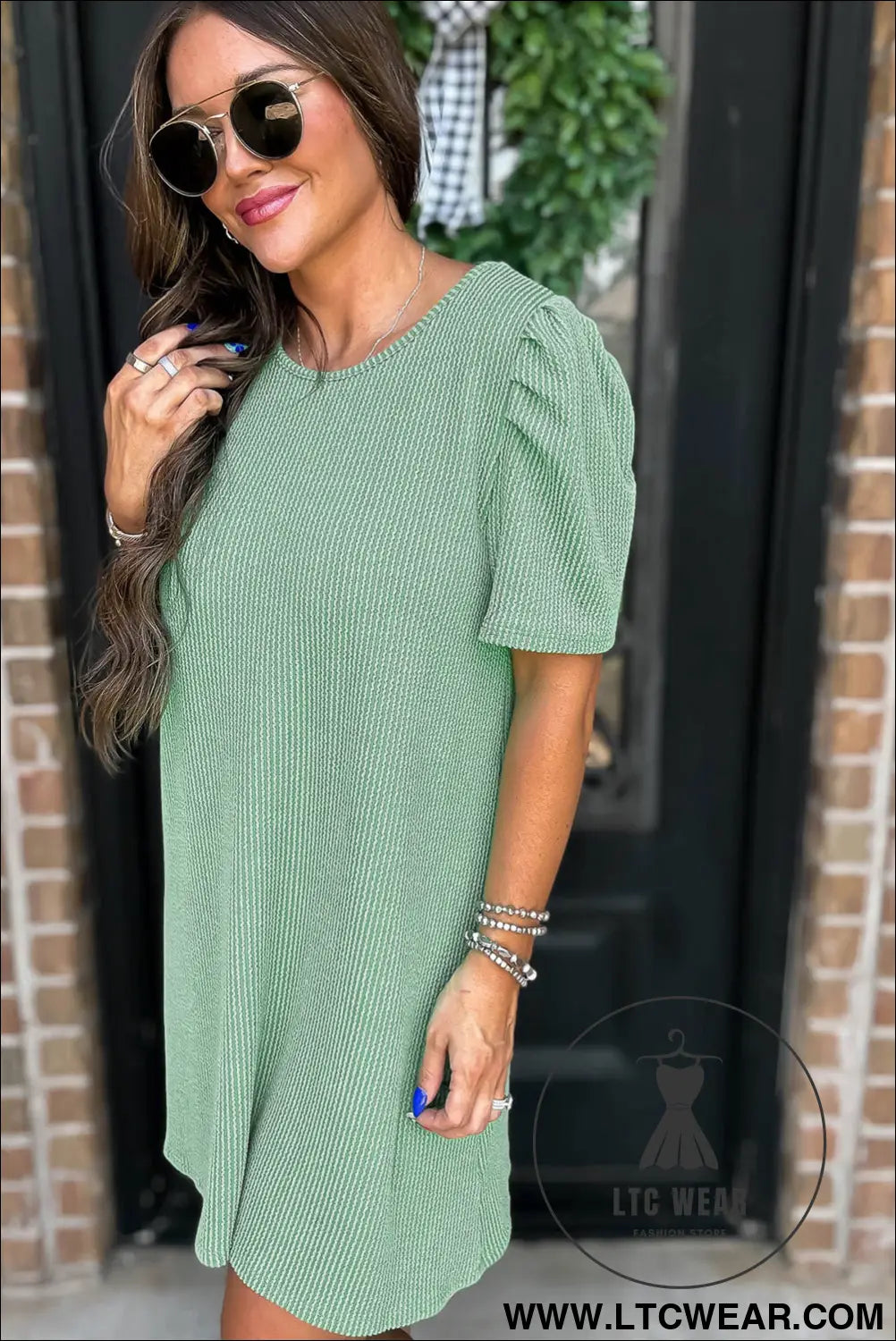 Blossom Corded Knit Crew Neck Puff Sleeve Shift Mini Dress - L.T.C Wear Online Fashion Store