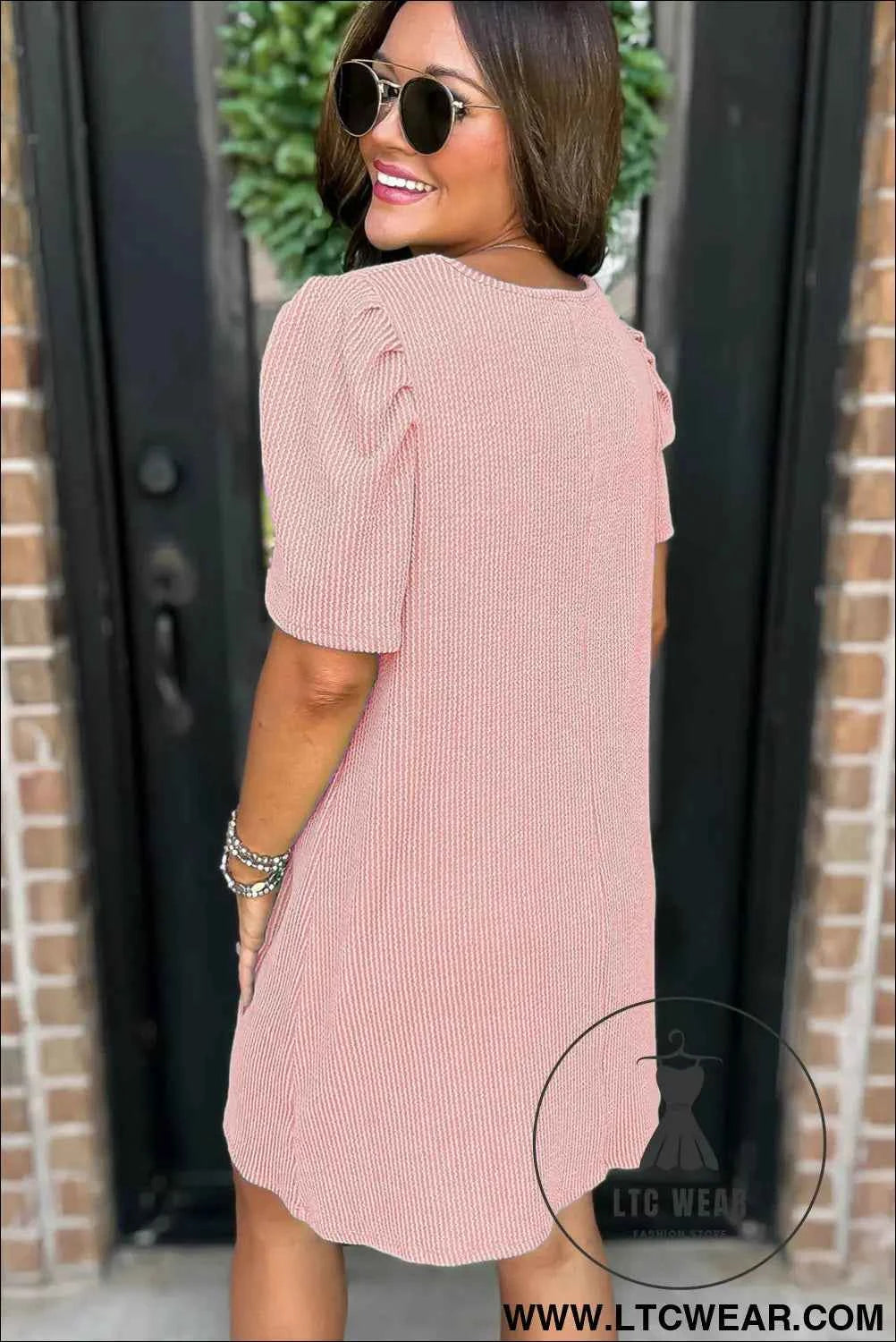 Blossom Corded Knit Crew Neck Puff Sleeve Shift Mini Dress