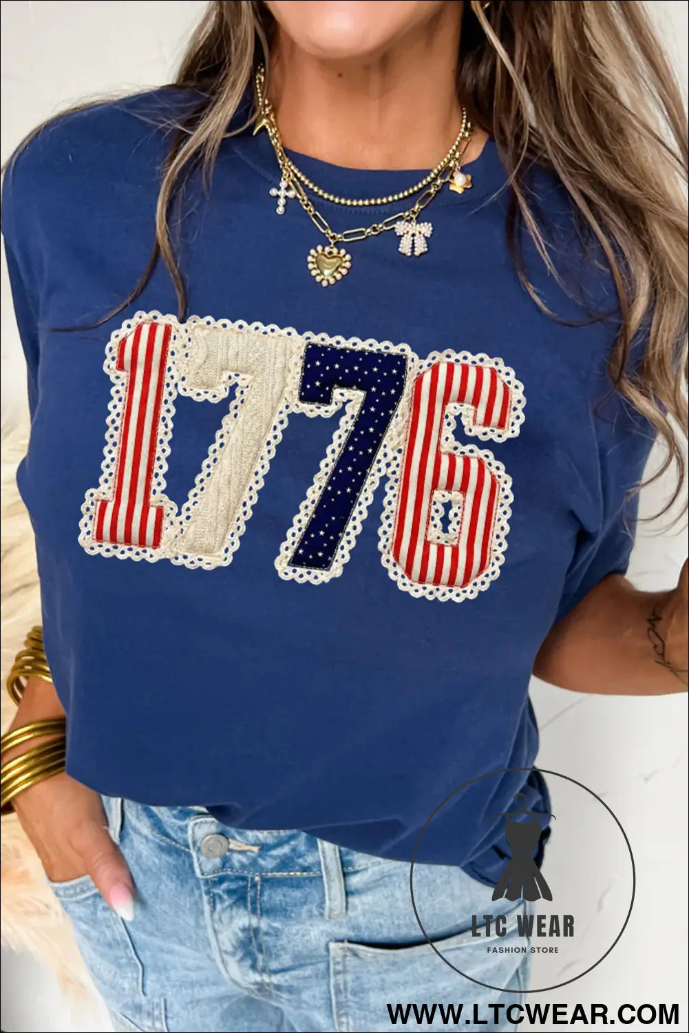 Blue 1776 faux patchwork printed t shirt - blue / 2xl / 62% polyester + 32% cotton + 6% elastane - graphic tees