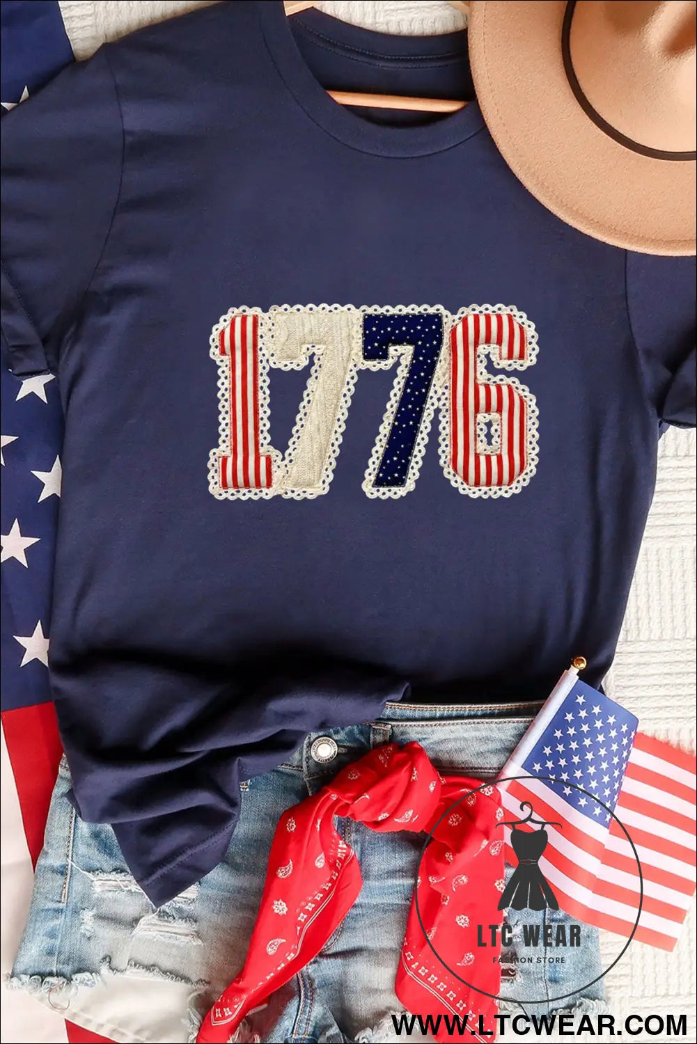 Blue 1776 faux patchwork printed t shirt - graphic tees