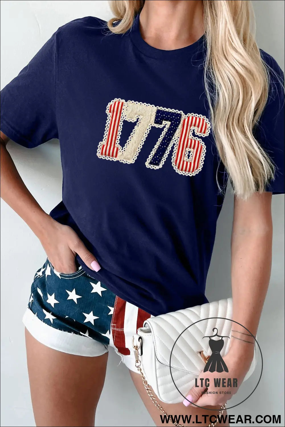 Blue 1776 faux patchwork printed t shirt - graphic tees
