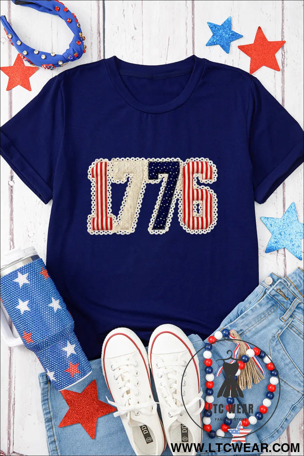 Blue 1776 faux patchwork printed t shirt - graphic tees