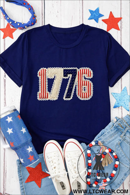 Blue 1776 faux patchwork printed t shirt - graphic tees