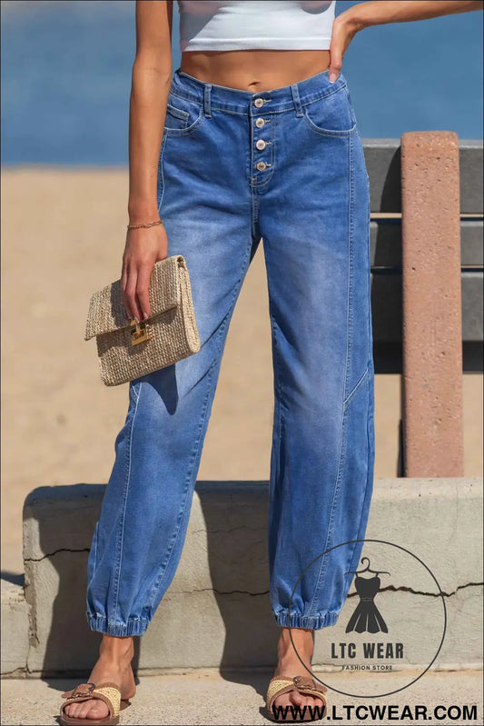 Blue 4 Buttons Front Tapered Casual Loose Fit Jeans