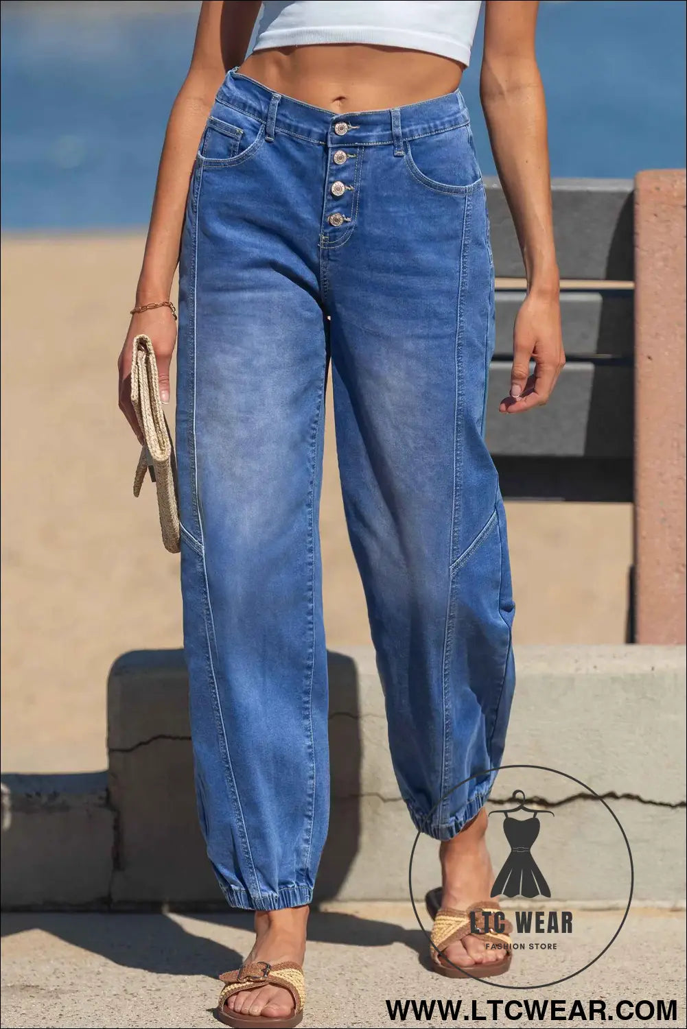 Blue 4 Buttons Front Tapered Casual Loose Fit Jeans