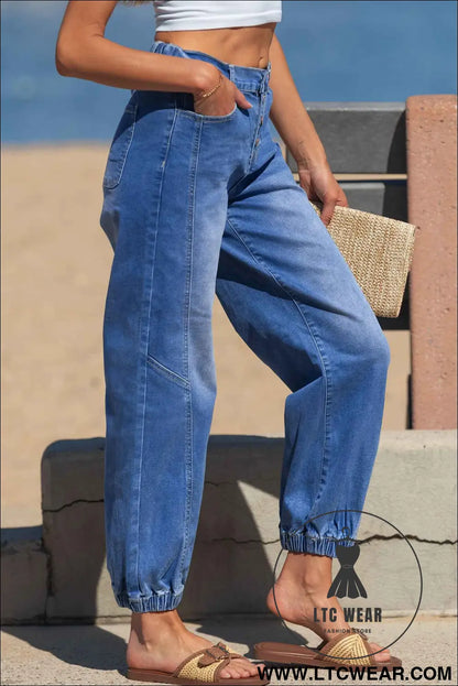 Blue 4 Buttons Front Tapered Casual Loose Fit Jeans