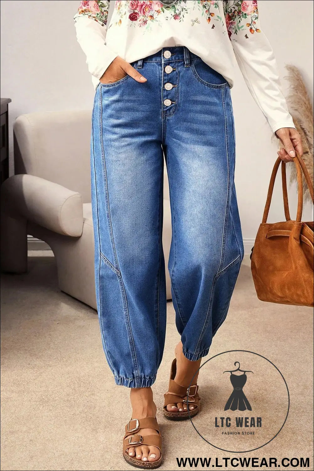 Blue 4 Buttons Front Tapered Casual Loose Fit Jeans - L.T.C Wear Online Fashion Store