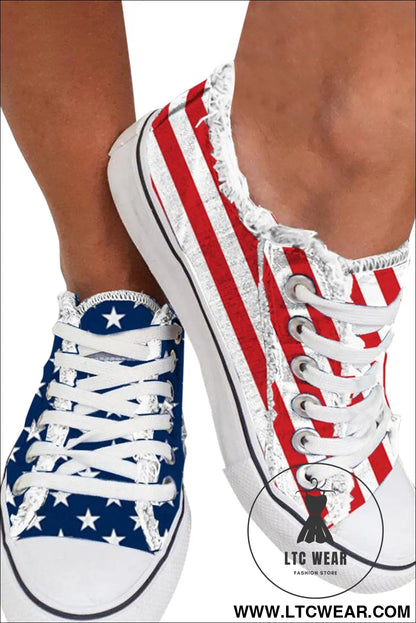 Blue American Flag Lace-up Canvas Flat Shoes - L.T.C Wear Online Fashion Store