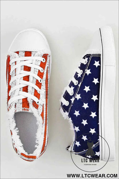 Blue American Flag Lace-up Canvas Flat Shoes