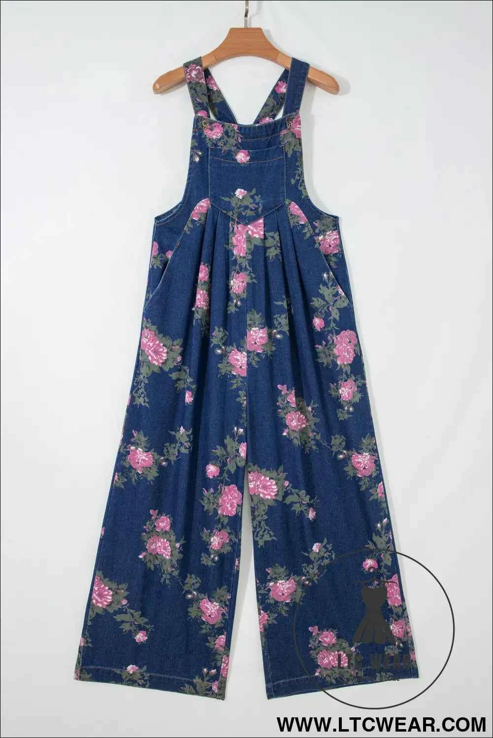 Blue Beau Floral Print Pleated High Waist Wide Leg Denim Jumpsuit