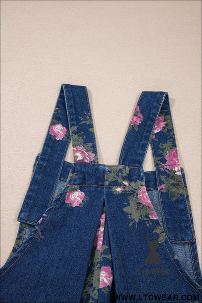 Blue Beau Floral Print Pleated High Waist Wide Leg Denim Jumpsuit - L.T.C Wear Online Fashion Store