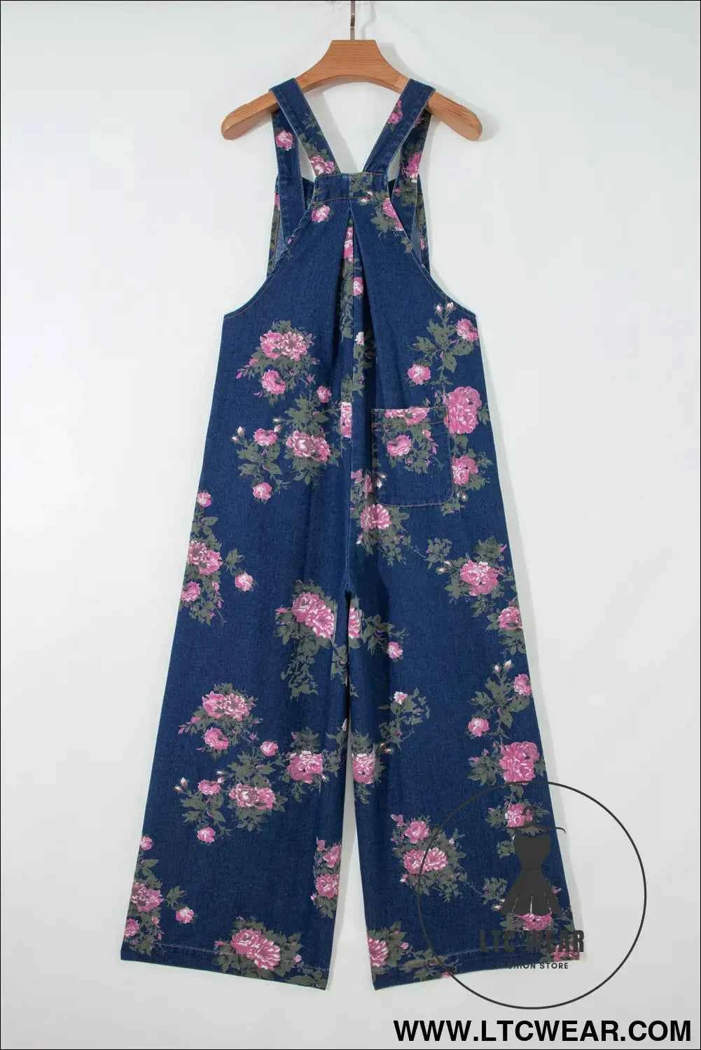 Blue Beau Floral Print Pleated High Waist Wide Leg Denim Jumpsuit