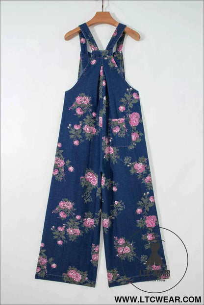 Blue Beau Floral Print Pleated High Waist Wide Leg Denim Jumpsuit