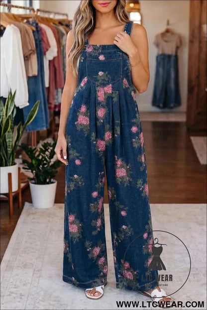 Blue Beau Floral Print Pleated High Waist Wide Leg Denim Jumpsuit